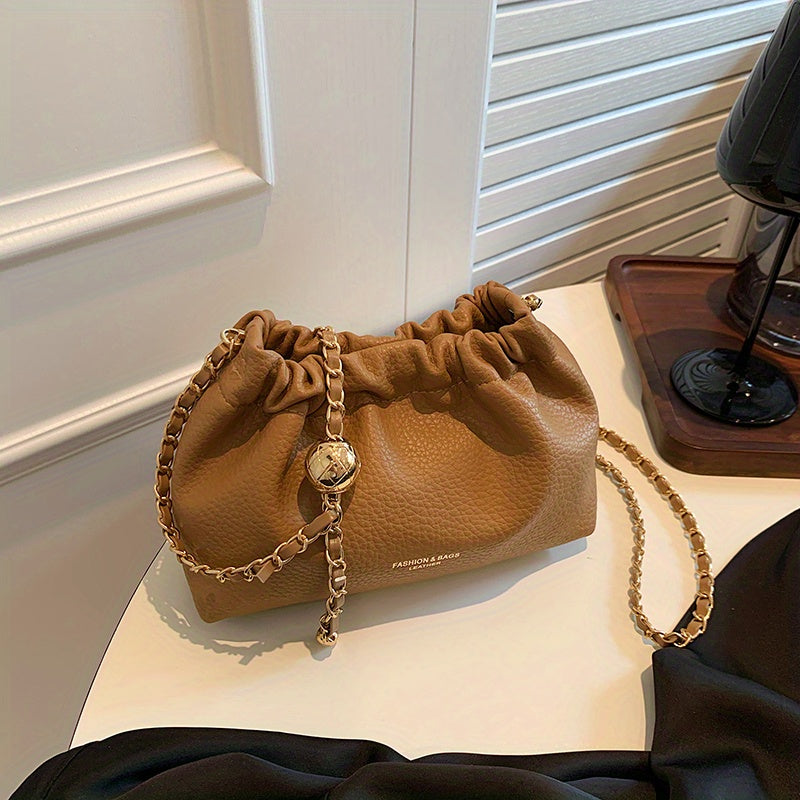 Cloud Ruched Crossbody Bag, Women Faux Leather Bucket Bag, Fashion Shoulder Purse With Chain Strap