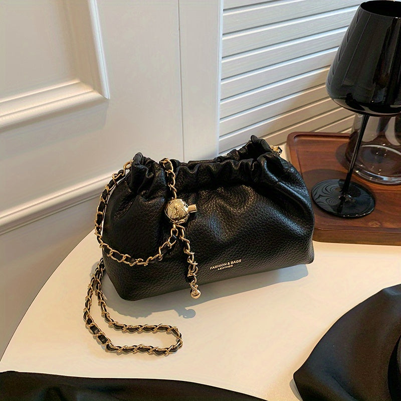Cloud Ruched Crossbody Bag, Women Faux Leather Bucket Bag, Fashion Shoulder Purse With Chain Strap