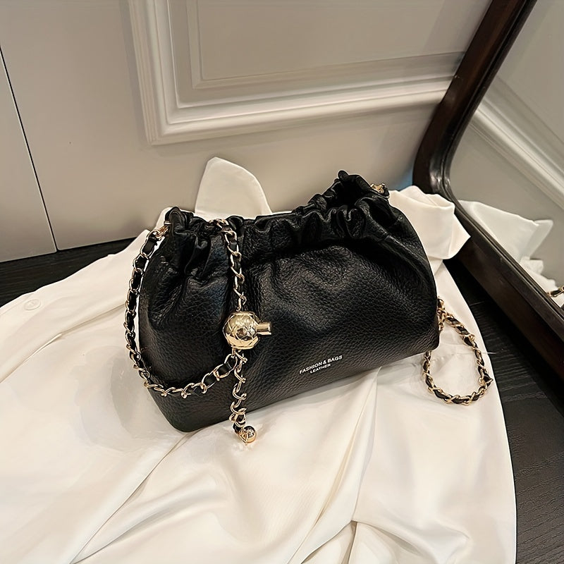 Cloud Ruched Crossbody Bag, Women Faux Leather Bucket Bag, Fashion Shoulder Purse With Chain Strap