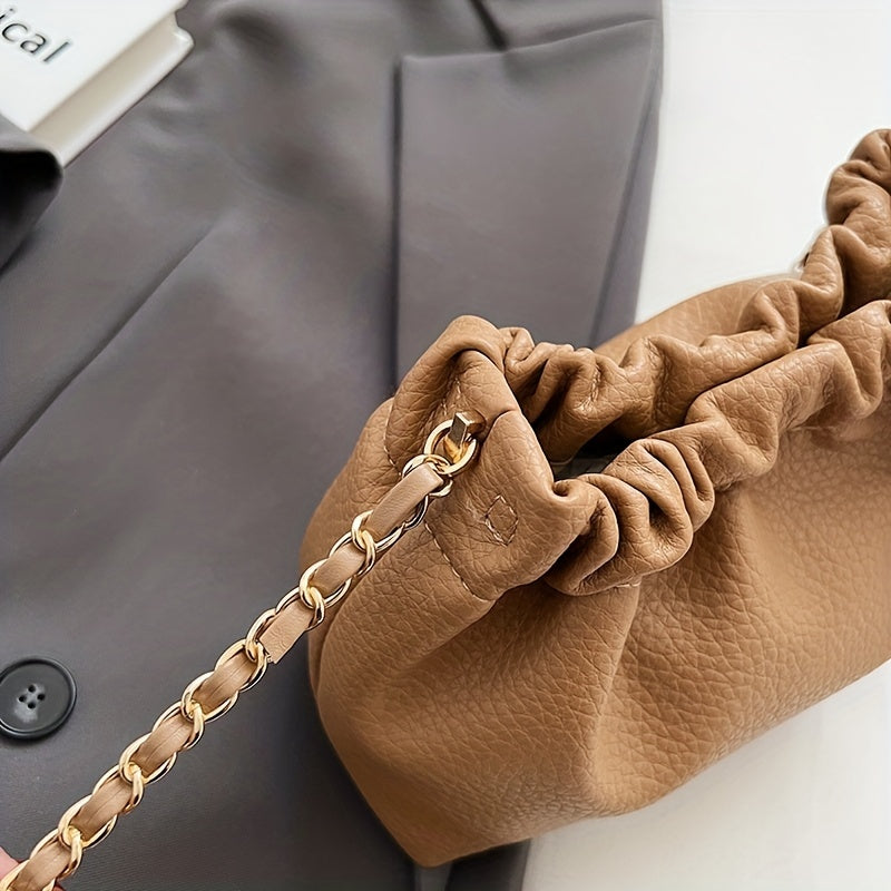 Cloud Ruched Crossbody Bag, Women Faux Leather Bucket Bag, Fashion Shoulder Purse With Chain Strap