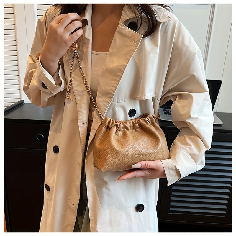 Cloud Ruched Crossbody Bag, Women Faux Leather Bucket Bag, Fashion Shoulder Purse With Chain Strap