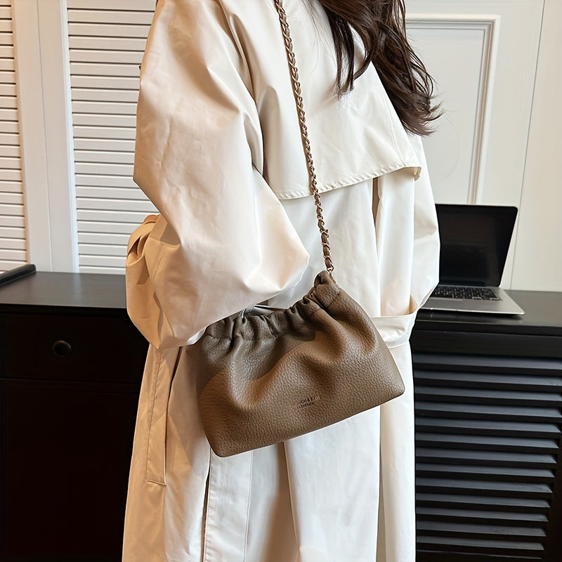 Cloud Ruched Crossbody Bag, Women Faux Leather Bucket Bag, Fashion Shoulder Purse With Chain Strap