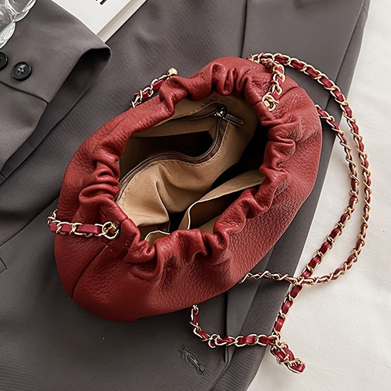 Cloud Ruched Crossbody Bag, Women Faux Leather Bucket Bag, Fashion Shoulder Purse With Chain Strap