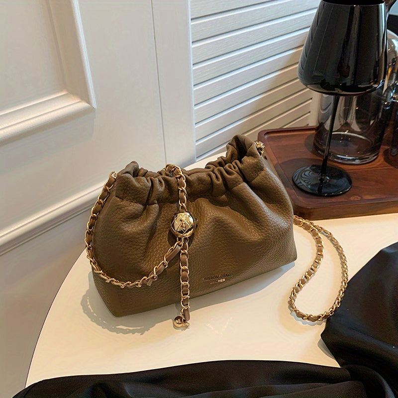 Cloud Ruched Crossbody Bag, Women Faux Leather Bucket Bag, Fashion Shoulder Purse With Chain Strap