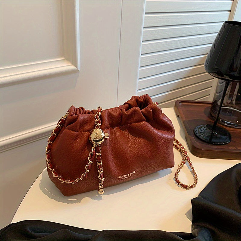 Cloud Ruched Crossbody Bag, Women Faux Leather Bucket Bag, Fashion Shoulder Purse With Chain Strap