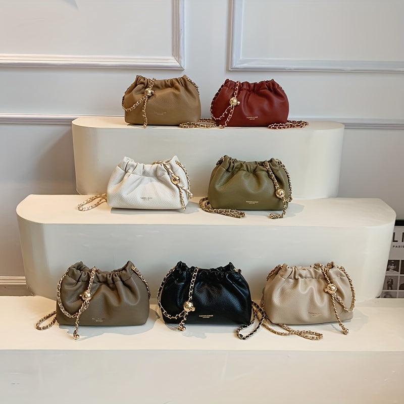 Cloud Ruched Crossbody Bag, Women Faux Leather Bucket Bag, Fashion Shoulder Purse With Chain Strap