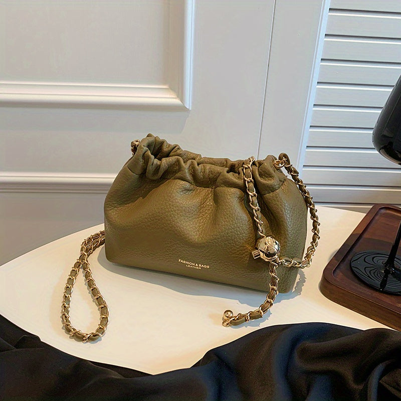 Cloud Ruched Crossbody Bag, Women Faux Leather Bucket Bag, Fashion Shoulder Purse With Chain Strap