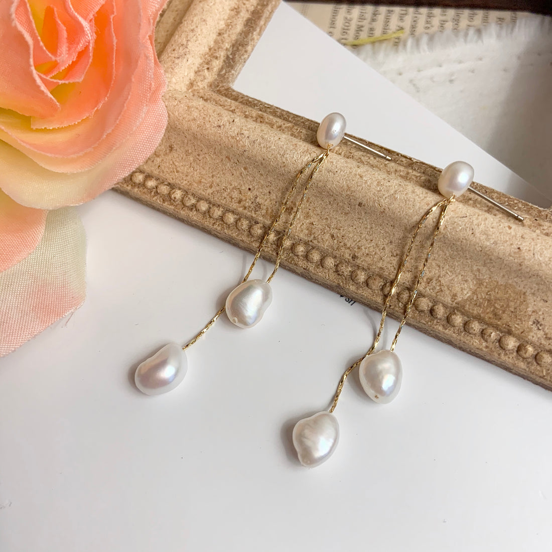 Yellow Gold White Pearl Long Drop Earrings - MARMELO USA