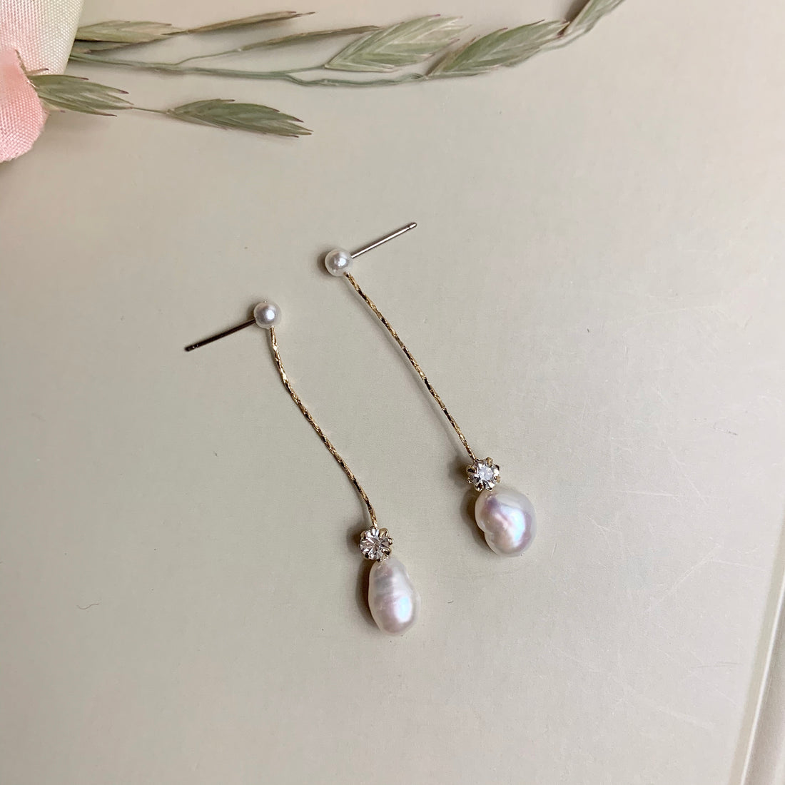 Baroque Pearl and Cubic Zirconia Long Drop Earrings - MARMELO USA