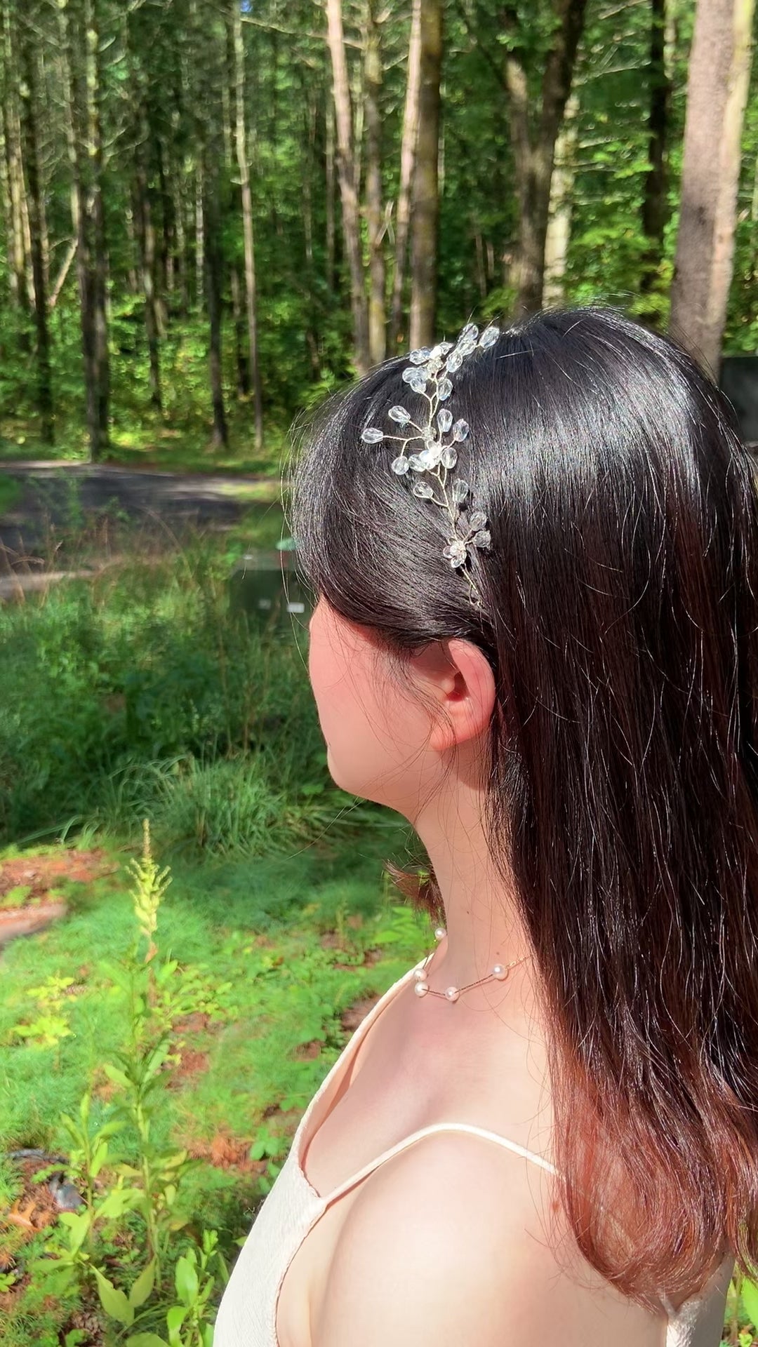 Crystal Silver Long Pearl & Floral Bridal Hair Clip Band