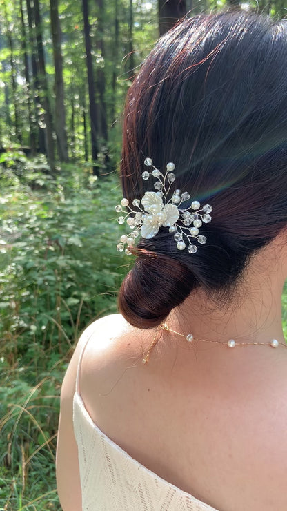 Mother Of Pearl and Crystal Floral Bridal Hair Comb