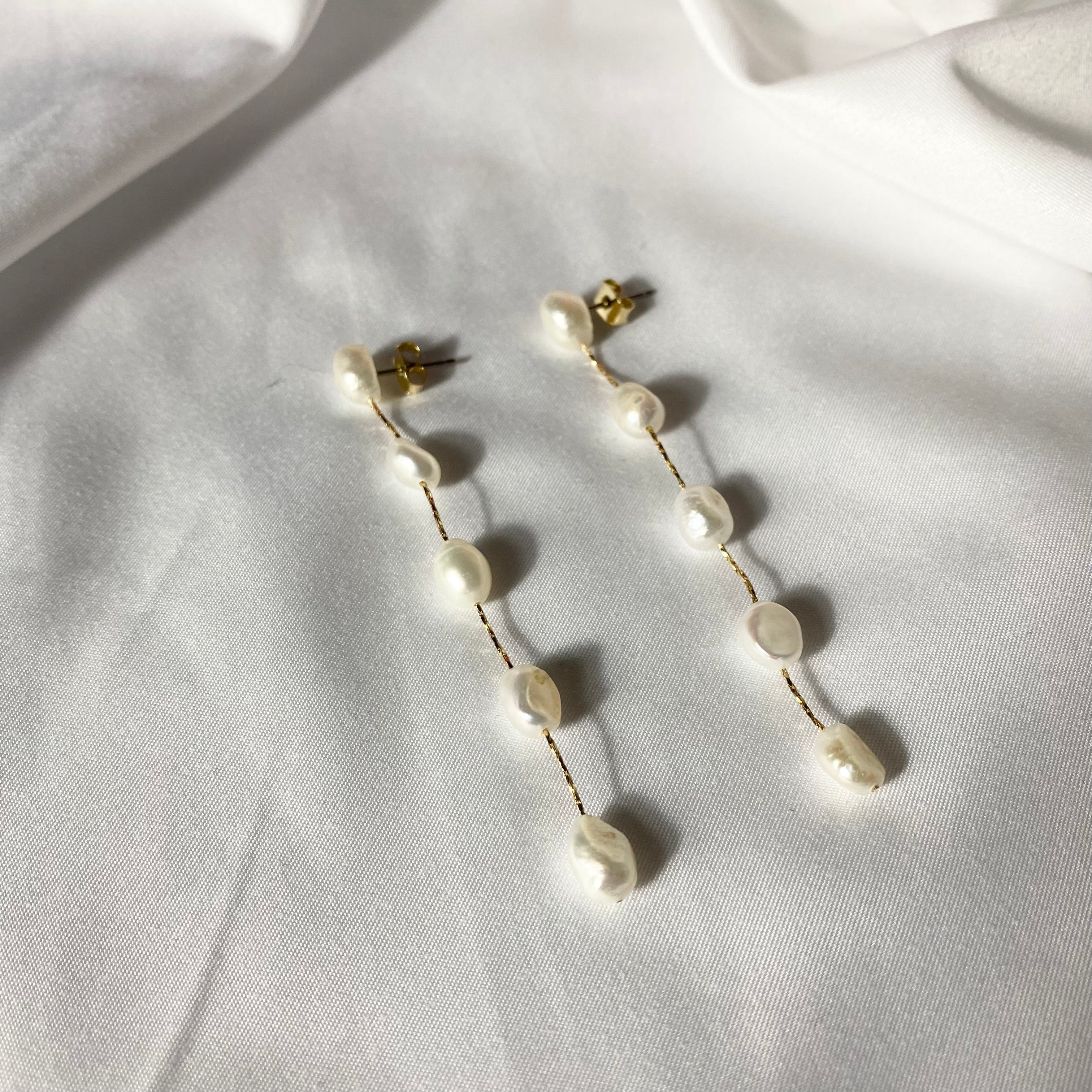 Freshwater Cultured Pearl Linear Long Drop Earrings - MARMELO USA