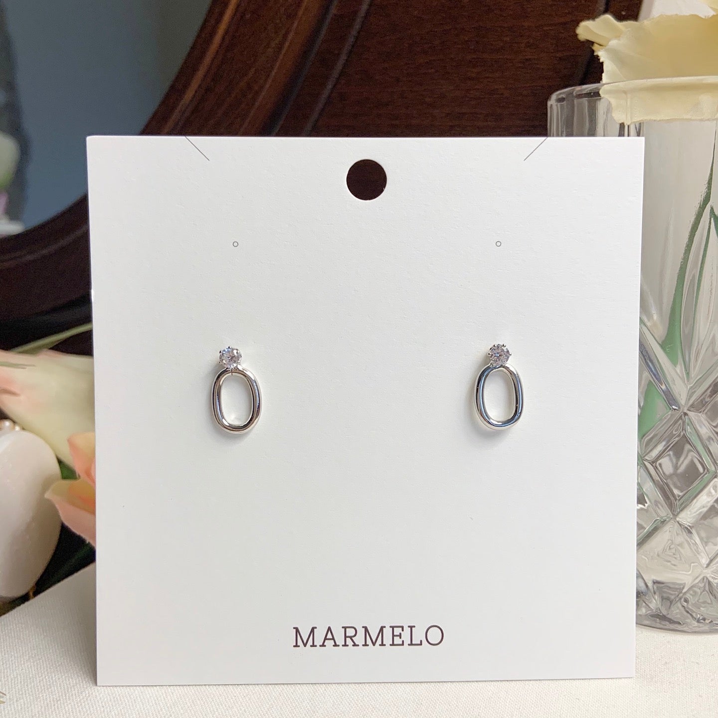 Cubic and Gold Silver Oval Stud Earrings for women - MARMELO USA