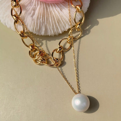 Simple Big Pearl + Big Chain 18K Gold Plated Stainless Steel Necklace Set - MARMELO USA