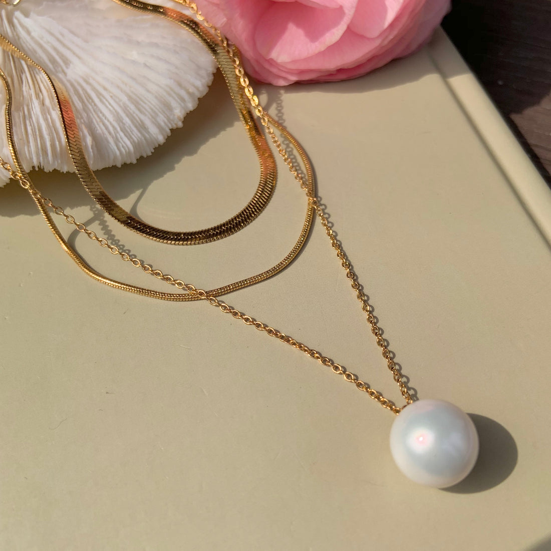 Big Pearl + Thick + Thin 18K Gold Plated Flat Snake Chain Layered Necklace Set - MARMELO USA