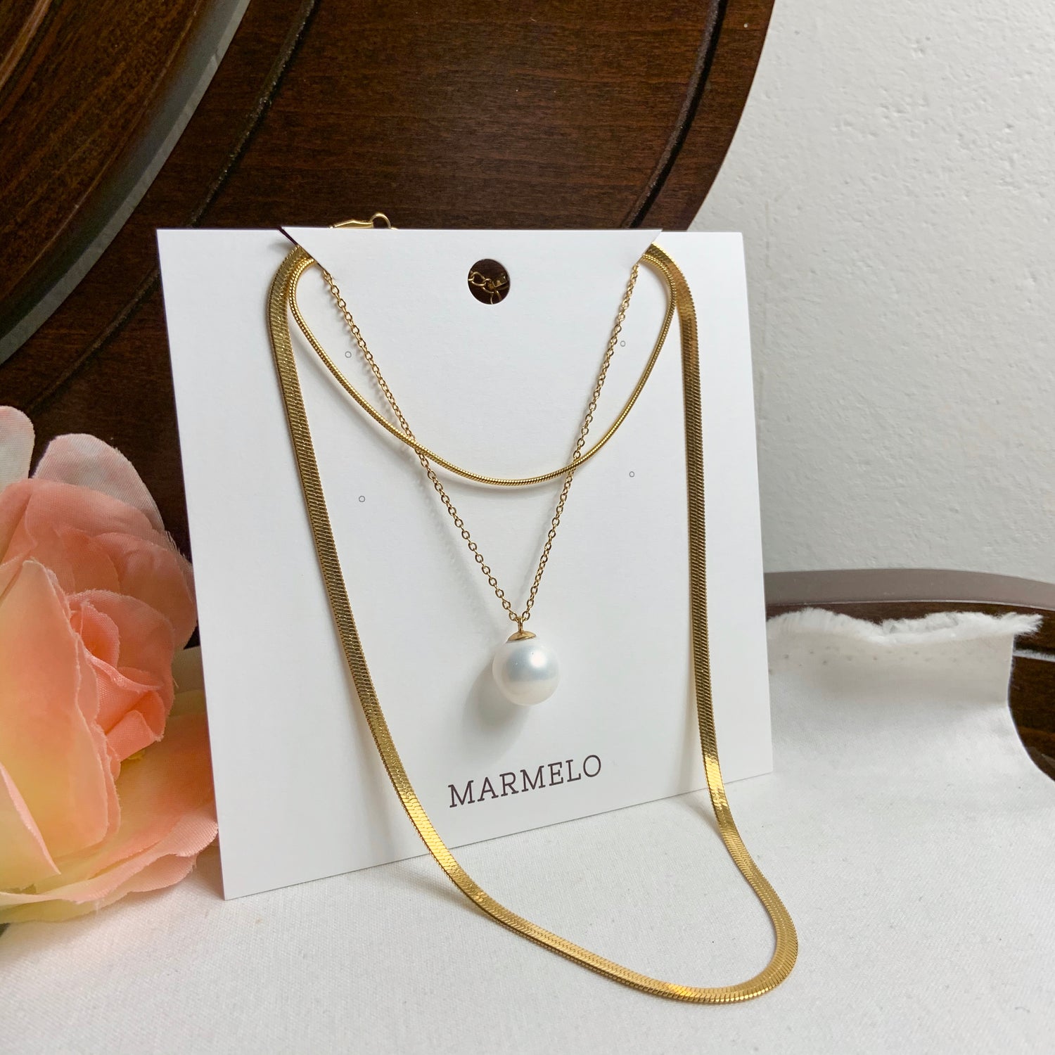 Big Pearl + Thick + Thin 18K Gold Plated Flat Snake Chain Layered Necklace Set - MARMELO USA