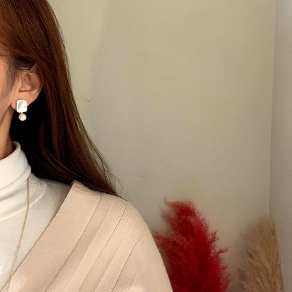 [Clip on] Square and Pearl Drop earrings - MARMELO USA