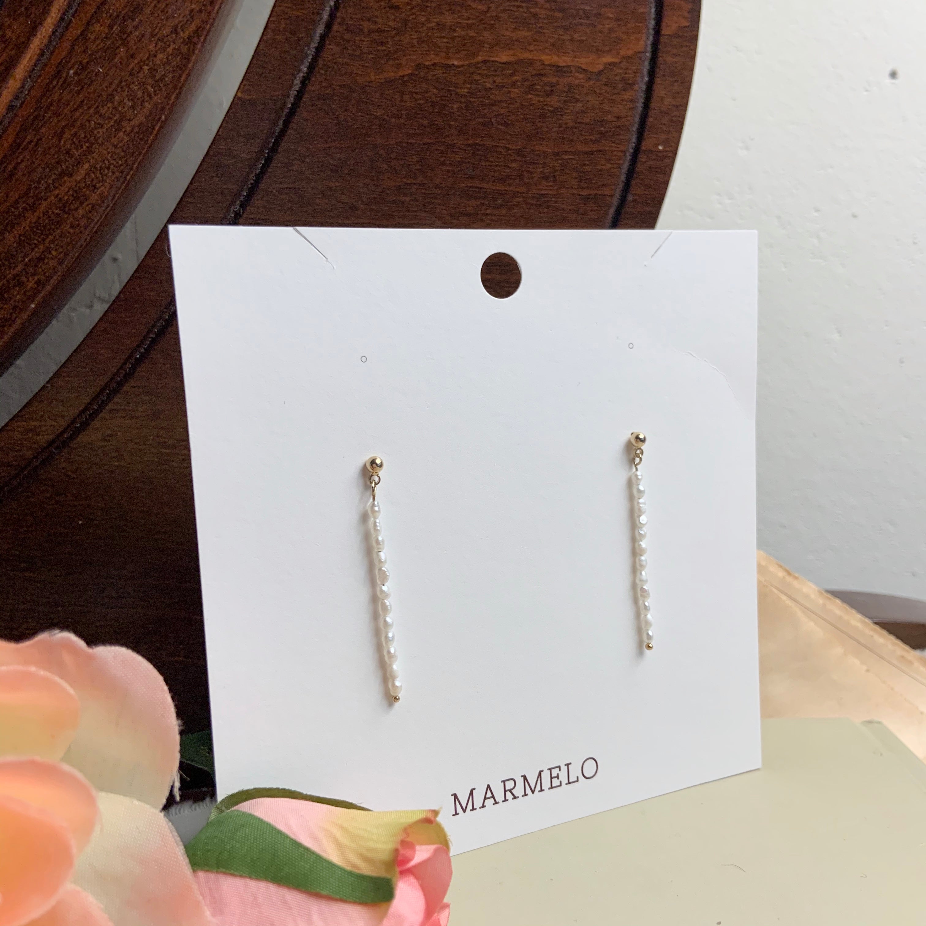 Dainty Simple Tiny Freshwater Cultured Pearl Linear Drop Earrings - MARMELO USA