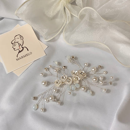 Dainty Mother Of Pearl and Crystal Floral Pearl Bridal Hair pin - MARMELO USA