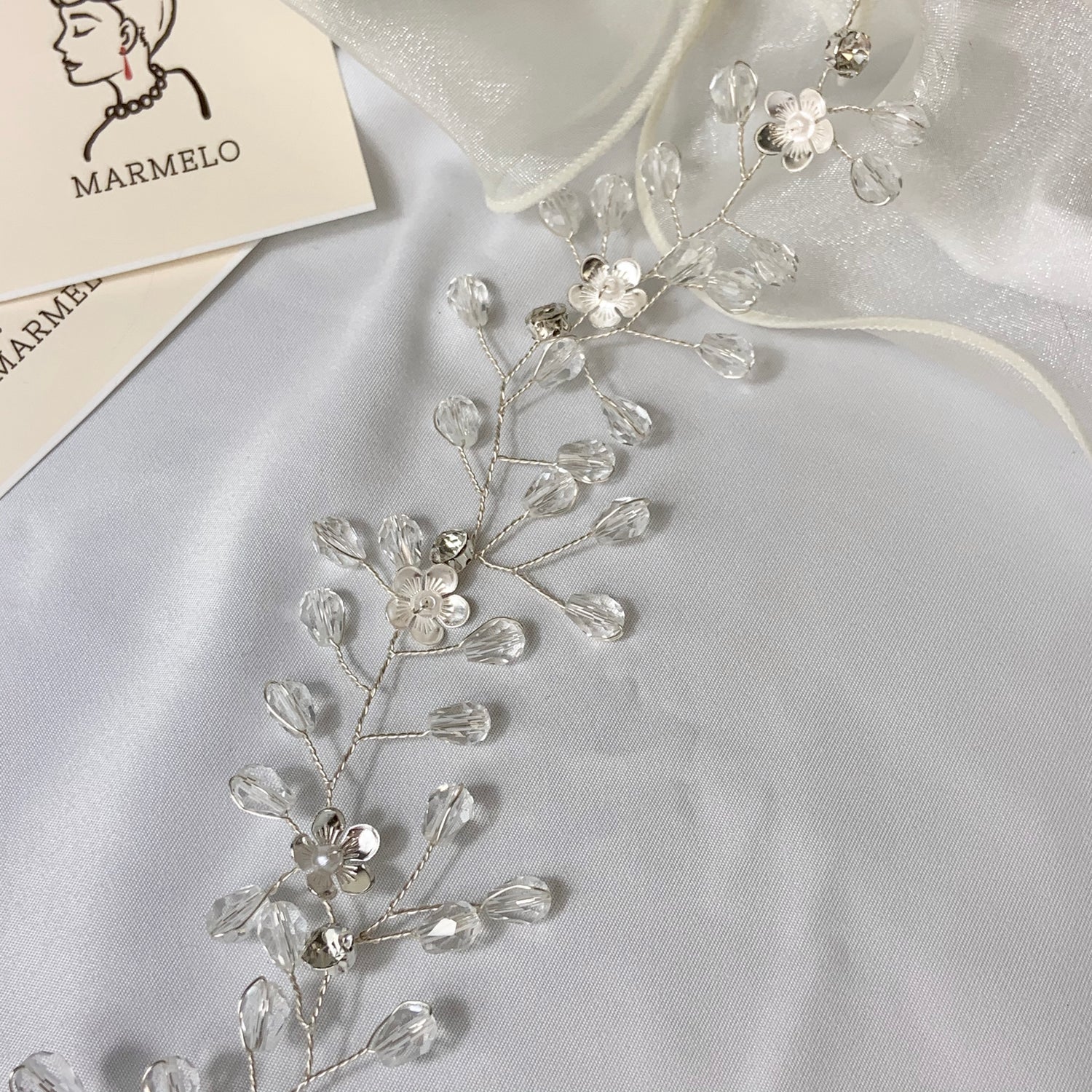 Crystal Silver Long Pearl &amp; Floral Bridal Hair Clip Band - MARMELO USA