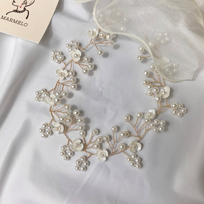 Gold Long Pearl &amp; Floral Bridal Hair Clip Band - MARMELO USA