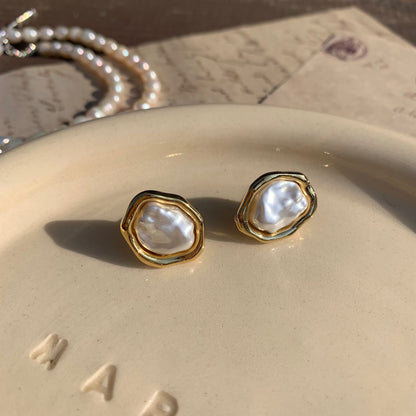 Vintage Baroque Shaped Pearl Stud earrings with Gold, Silver Accents