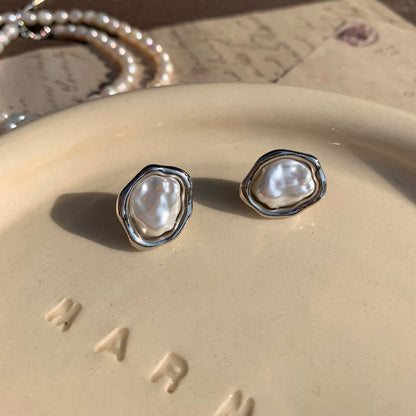 Vintage Baroque Shaped Pearl Stud earrings with Gold, Silver Accents